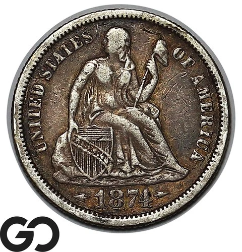 1874 Seated Liberty Dime, Arrows, Choice VF, Tough