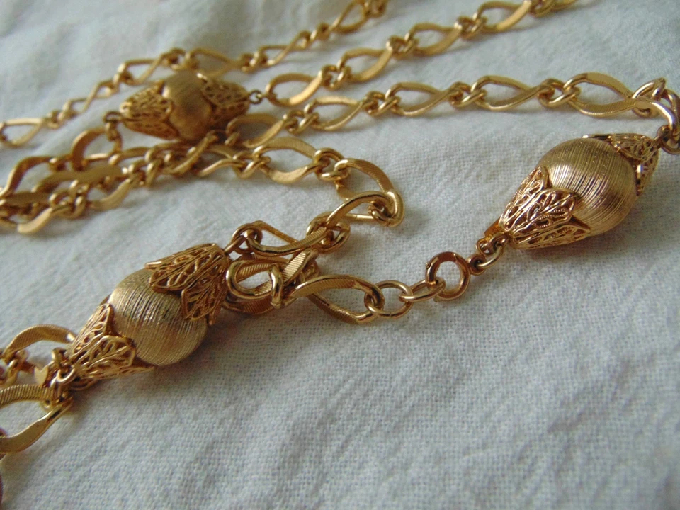 vintage Monet signed long necklace gold satin capped spheres stations - Image 4 of 4