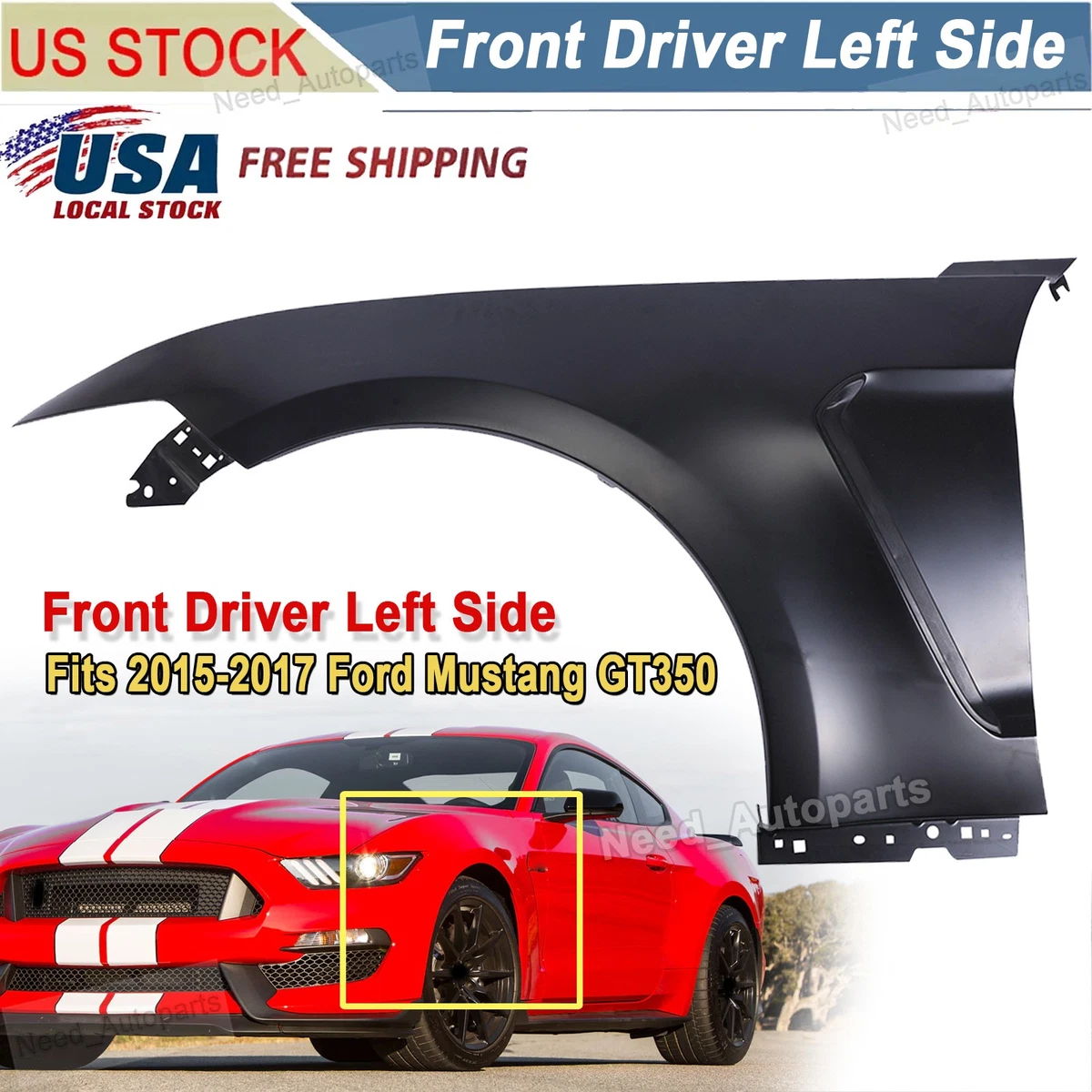 Fender For 2015 2016 2017 Ford Mustang Front Driver Primed Steel w/ Molding Hole Fender For 2015 2016 2017 Ford Mustang Front Driver Primed Steel w/ Molding Hole