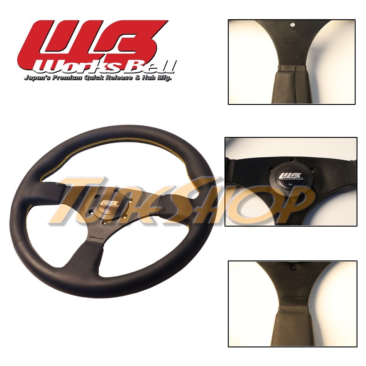 WORKS BELL TYPE III 350MM STEERING WHEEL LEATHER YELLOW STITCHING SILVER HORN