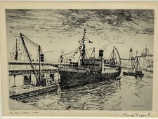 Philip Kappel Signed Framed Etching Working Harbor Scene Marine Boats