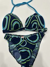 Venus Vintage Ring Metal Navy Neon Print Bikini Top C Mod Hipster Bottoms S