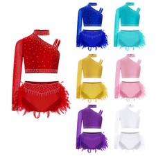 UK Kids Girls Dance 2Piece Rhinestones Crop Tops and Feather Skirts Set Costumes