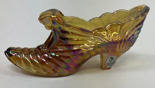 Fenton Iridescent Draped Cat Slipper Glass Heal Shoe Boot Figurine Vintage Amber