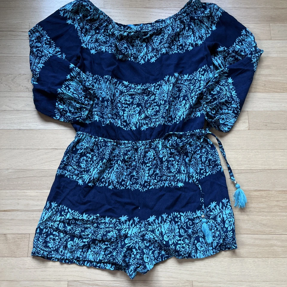 Women’s Blue Island Dress Womens Large Romper Peasant Navy Turquoise Blue Floral - Image 4 of 4