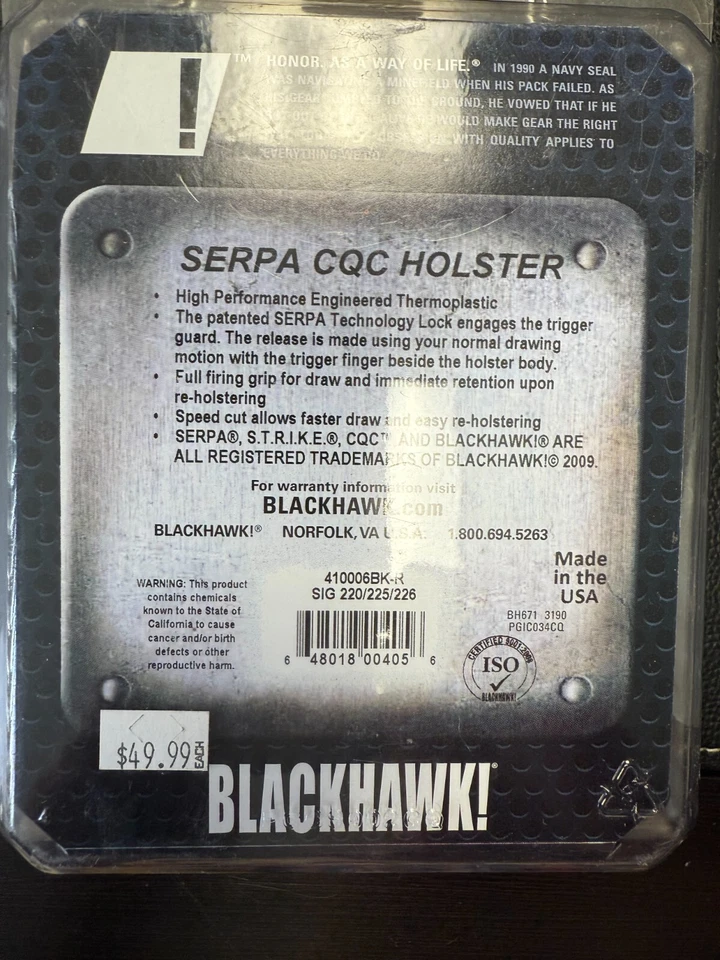 BlackHawk CQC Serpa Holster Fits Sig 220 226 410006BK-R Authentic Blackhawk RH - Image 2 of 2