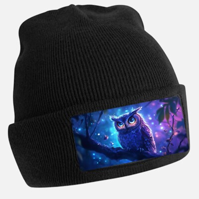 Unisex Cotton Black Owl Beanie Hat With Glowing Eyes Motif