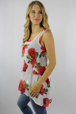 Red Rose Floral M2d High-Low Sleeveless Blouse Made in the USA