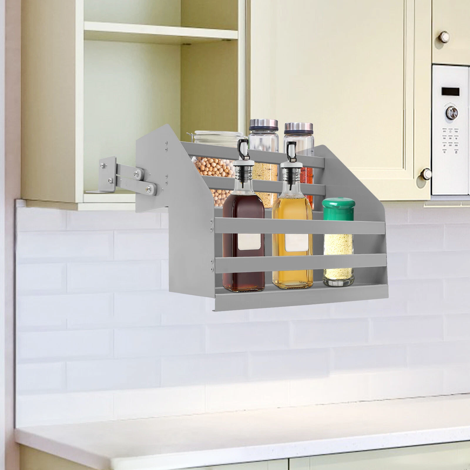 Pull Down Cabinet Organizer 2 Tier Pull-Out Cabinet Wall Shelf Spice Dishes Rack
