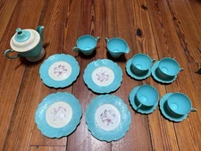15 pc Vintage Child’s Blue Tea Party Dish Set Kids Plastic Kitchen Pretend Play
