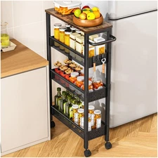 Utility Slim Storage Cart with Wheels, 4 Tier Small Rolling Cart with Wood To...