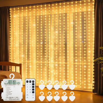 echosari Curtain Lights Battery Operated, 300 LED Fairy Lights 9.8 x 9.8Ft with