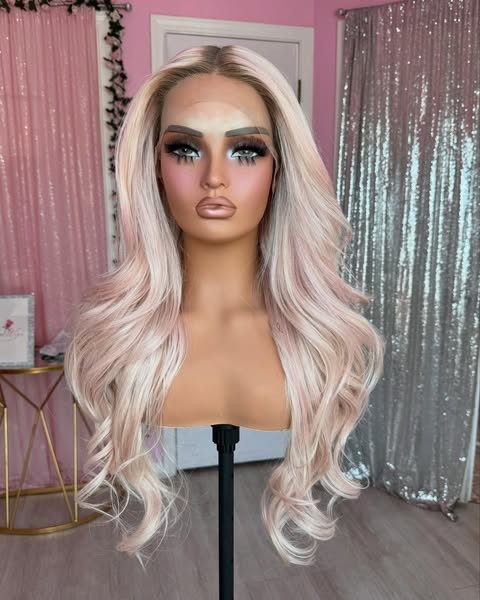 Long Wavy Ombre Pink Platinum Blonde Wigs 100% Human Hair  display picture 1
