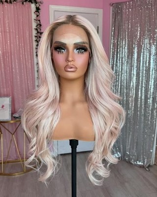 Long Wavy Ombre Pink Platinum Blonde Wigs 100% Human Hair  display picture 3