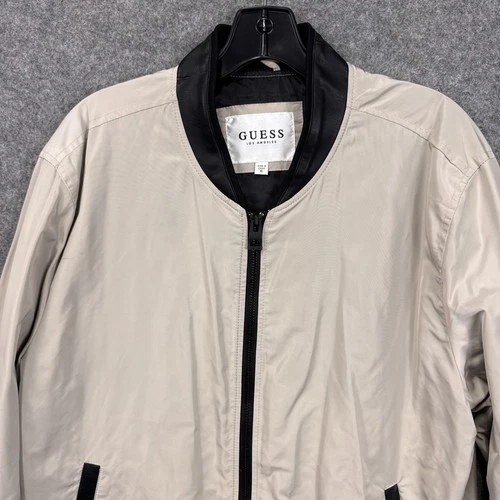 Guess Bomber Jacket XL Beige Black Polyester Faux Leather Trim Full Zip Street image 4