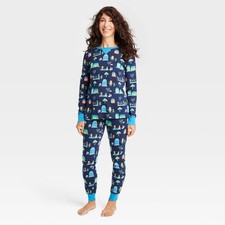 Women's Hanukkah Lions Print Matching Family Pajama Set M Medium Navy Blue