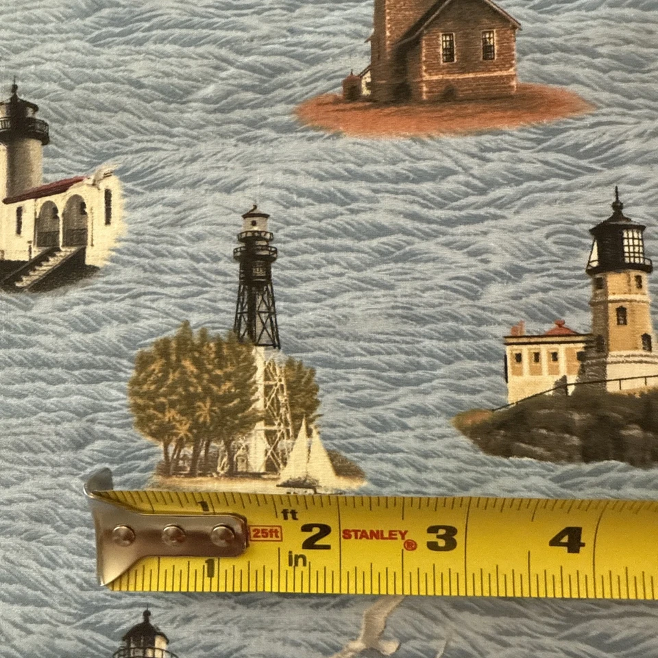 Vtg Blue Lighthouse Fabric VIP Cranston Village US Postal Service Cotton 2 Yards - Image 3 of 4