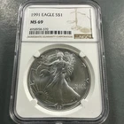 1991 SILVER Eagle, NGC MS69 (89658)
