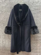 Maje Double-Faced Faux Fur Collar Wool-Blend Coat Navy Blue Womens Size 33