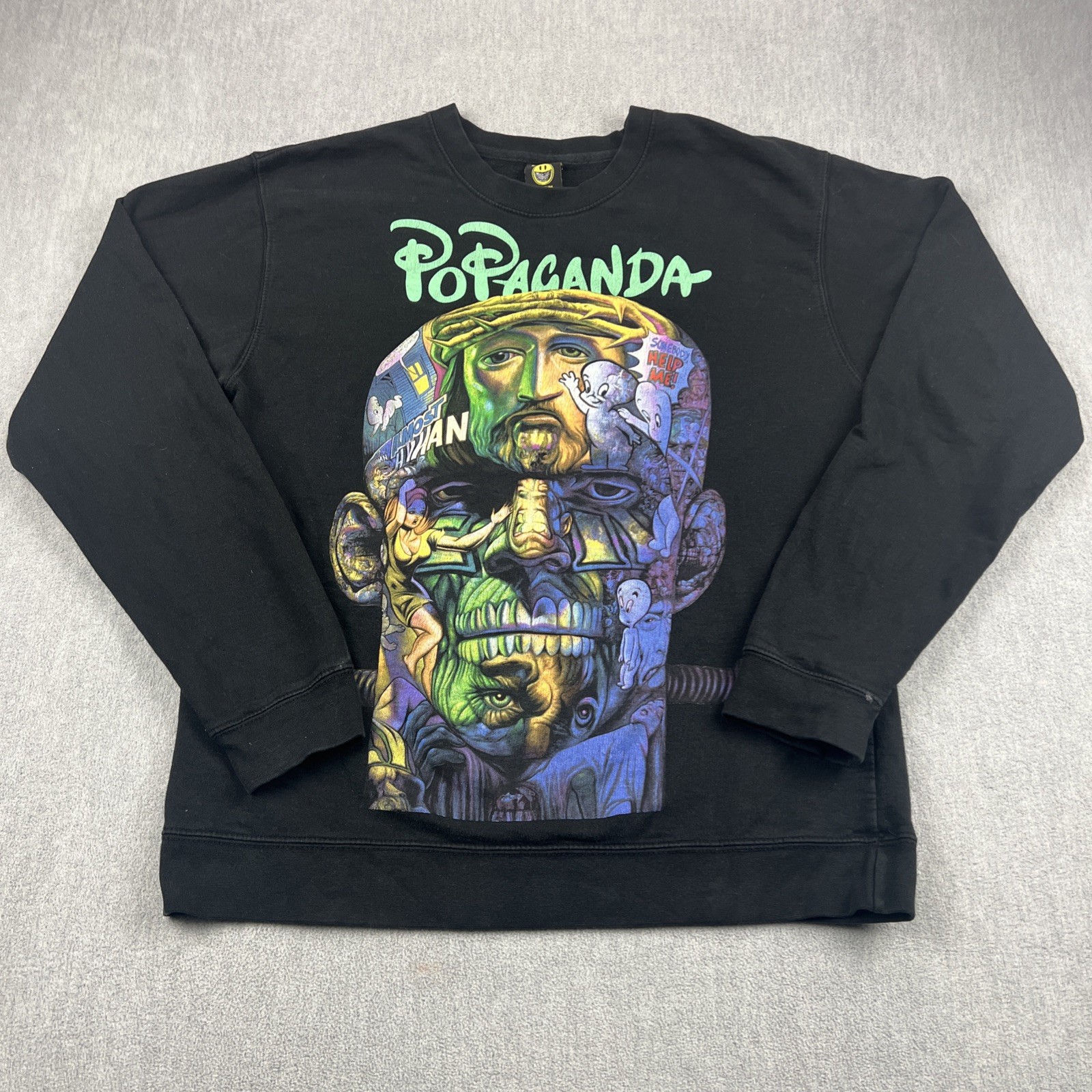 PoPaganda Ron English Sweatshirt Sz M Black Jesus Frankenstein Casper Art Mashup