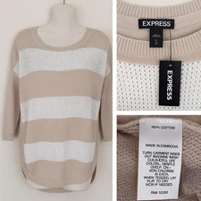 Express Women's Small Beige & White Striped Open Knit Sweater  Neutral Classic
