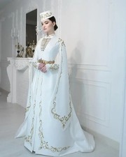 High Neck Muslim Wedding Dresses with Long Sleeve Cape Gold Embroidery Pearls