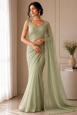 Sage Green Georgette Saree  Scalloped Border  Pre-Stitched Blouse  Party Wear