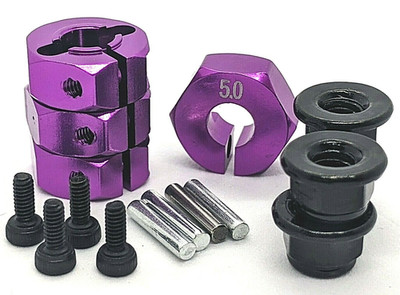 Sechskant 12mm lila Antriebsnaben mit Stiften + Metall Nyloc Radmuttern für 1/10 RC Auto.