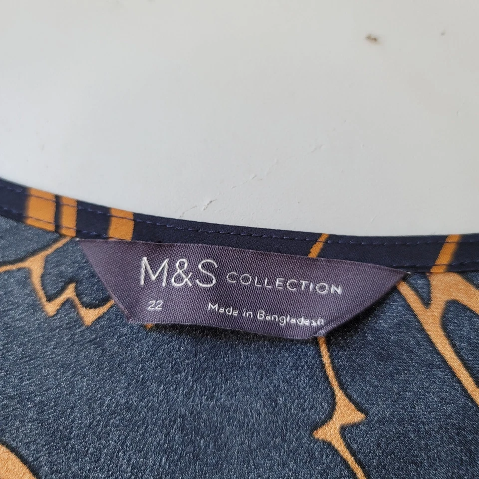 Marks and Spencer Navy Blue Yellow Tank Top Sleeveless Satin Feel Shirt M&S 18 — 第 2/4 张图片