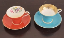 2  Aynsley Corset Shaped Tea Cups & Saucers Sets Turquoise Blue & Orange