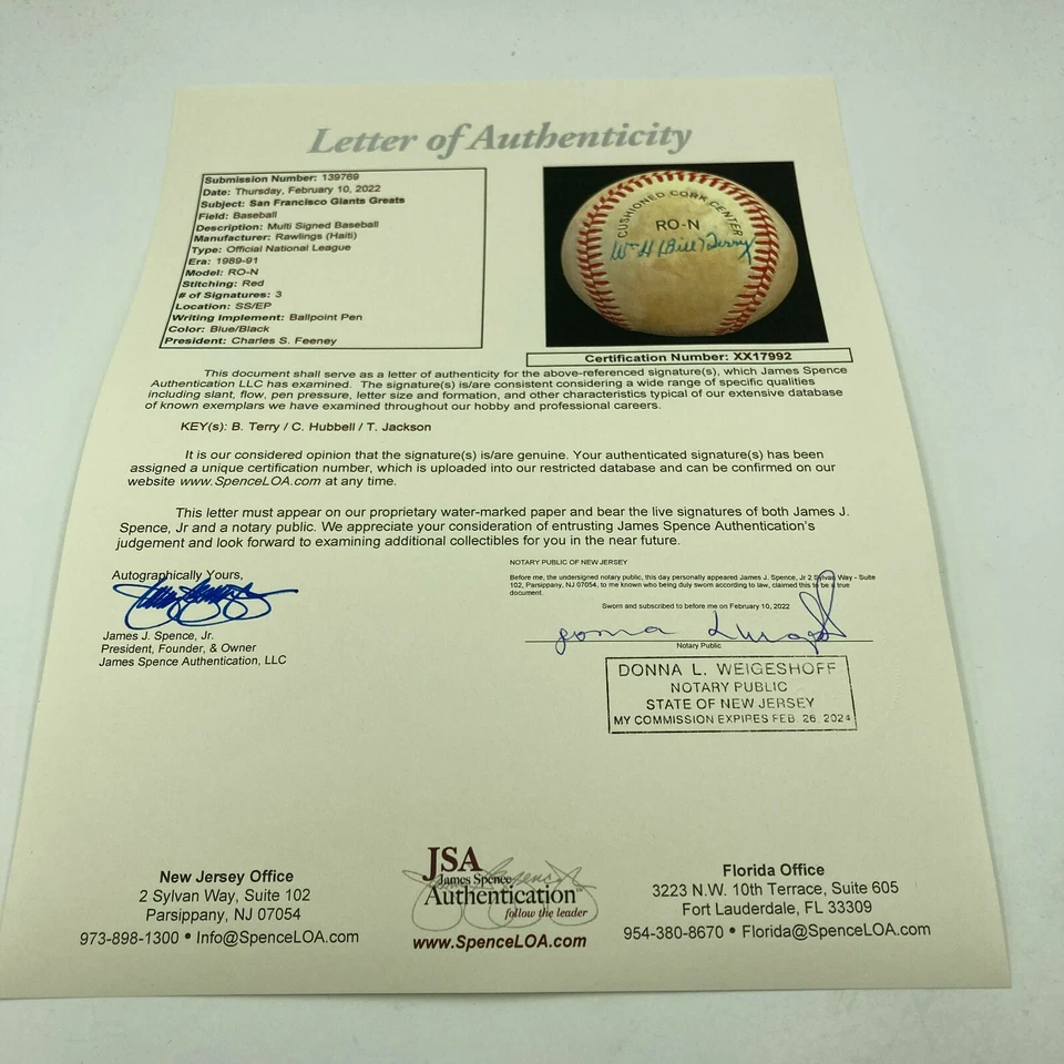 Travis Jackson Carl Hubbell Bill Terry New York Giants HOF Signed Baseball JSA - Image 3 of 4