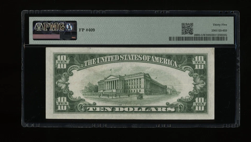 DBR 1934-C $10 FRN Wide Chicago Fr. 2008-Gw PMG 35 Serial G44080039D - Image 2 of 2