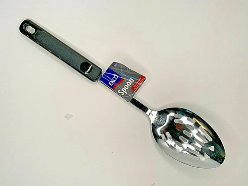 Vintage 1997 EKCO Chrome Plated Slotted Spoon Black Handle - New