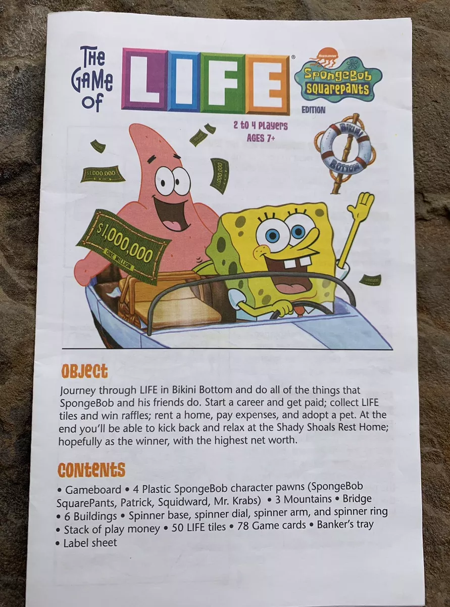 The Game of Life Spongebob Squarepants Game Manual