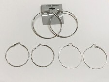 Vintage Modern 3pr Lot Silver tone Hoop Pierced Earrings Large Fashion Costume
