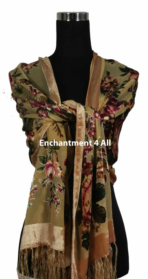 Шикарный 100% шелк выгорания бархата винтажный цветочный продолговатый шарф шаль надежном, верблюд - Изображение 4 из 4