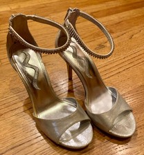 "Nina" Silver Shimmery Peep Toe Stilettos with Rhinestone Straps, Sz USA 7.5