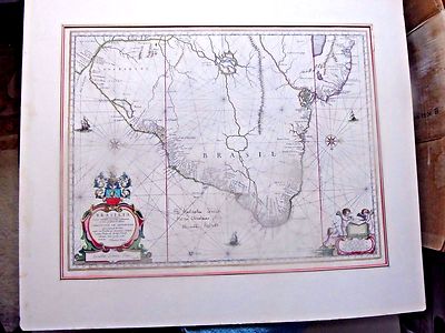  ANTIQUE MAP BRASIL BY BLAEU 1665 GIFT FROM KENNETH ROBERTS TO MALCOLM JOHNSON