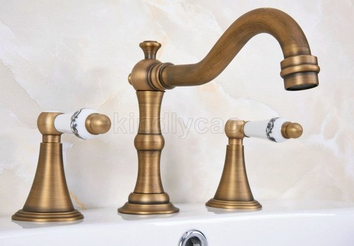 Antique Brass Widespread Bathroom Sink Faucet 3 Holes 2 Handles Basin Mixer Tap - Picture 4 of 7