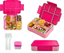 Kids Bento Lunch Box 6 Sections, Leakproof  with Cutlery and Sauce Cup in Pink