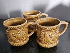 Mid-century Modern Japan Honey Brown Ceramic Cups Raised Fruit Whimsical Vintage