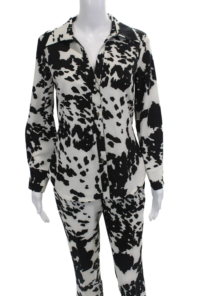 Conjunto de blusa e calça Zara feminina com colarinho estampa de vaca abotoada branca tamanho M - Imagem 2 de 4