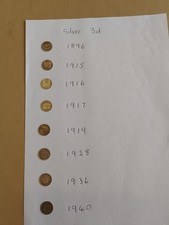 Silver Threepenny Coins. 1896,1915,1916,1917,1919,1928,1936,1940 Circulated Fine
