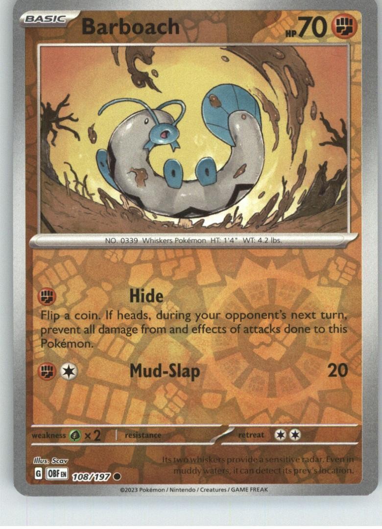 Barboach 108/197 Common Obsidian Flames Pokemon Reverse Holo Near Mint