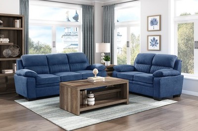 Modern Living Room 2pc Sofa Set Plush Comfortable Sofa Loveseat Set Blue Texture