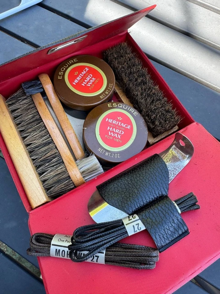 Kit de peluquería de zapatos Esquire Ambassador vintage años 60 estuche de cuero pulidora de cepillo EE. UU. Foto 4 de 4