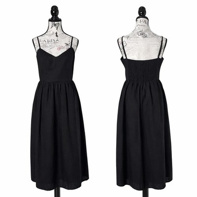 H&M Linen Blend Midi Dress Womens 6 Black Smocked Back Adjustable Straps