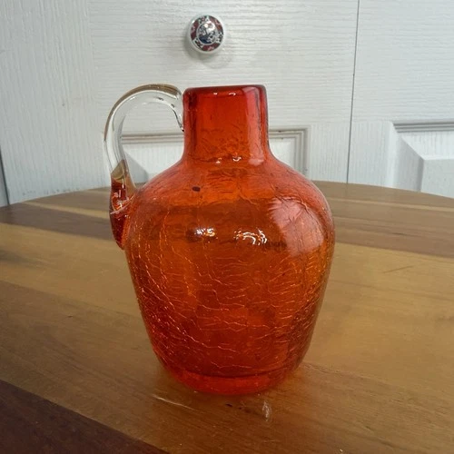 Blenko Red Orange Crackle Glass Jug Collectible Cottage Granny VTG