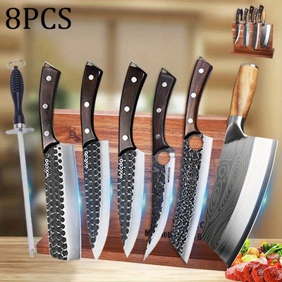 8PCS Stainless Steel Kitchen Chef Knife Set Forged Knives Wooden Block Sharpener