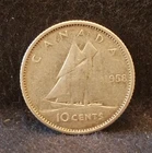 1958 Canada (Dominion) silver 10 cents, Elizabeth II, KM-51 (CA7)